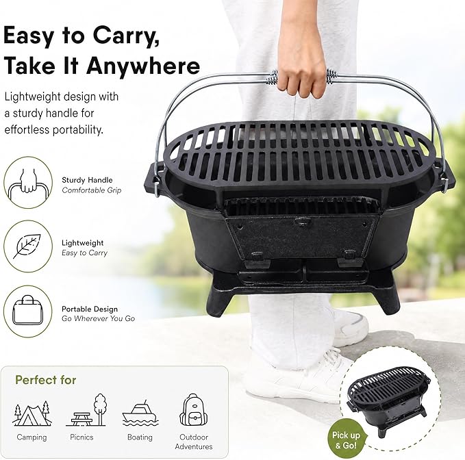 Cast Iron Hibachi Grill Outdoor, Japanese Yakitori Grill for Camping, Small Portable Charcoal Hibachi Grills, Cast Iron, with Double-Sided Grate, for Indoor Outdoor BBQ (1, Built-in handle)