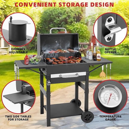 Kendane Charcoal Grill with Side Shelf, 353 Sq.Inch Cooking Area,Large Smoker Barbecue Grill with Warming Rack,Outdoor BBQ Grill with Charcoal Tray for Yard, Camping, Picnic