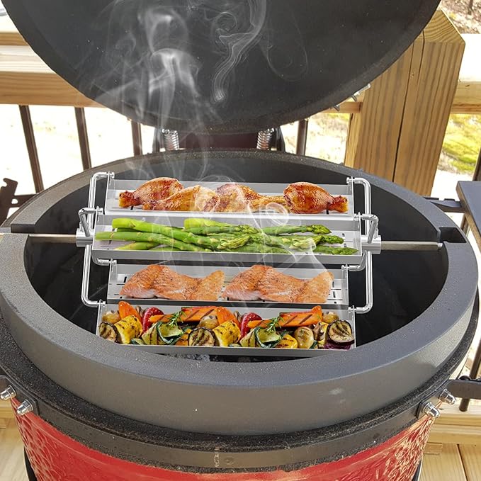 onlyfire Stainless Steel BBQ Rotating Tray Rotisserie Basket for Most Grills, Fits for 3/8" & 5/16" Square, 1/2" & 3/8" Hexagon Spit Rods