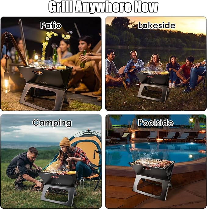TeqHome Camping Campfire Grill, 17 Inch Portable Folding Charcoal Grills, Heavy Duty Fire Pit for Backpacking, Picnic, Bonfire, Patio, Backyard & Outdoor Cooking