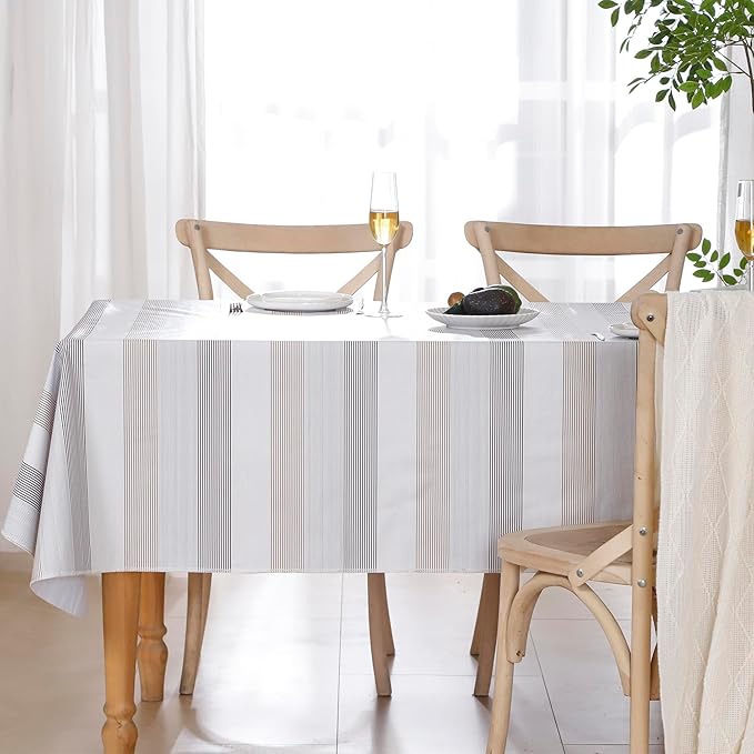 Walrus Heavy Duty Vinyl Tablecloth with Flannel Backing Waterproof Oil-Proof Plastic Table Cloth Stain-Resistant Wipeable Rectangle or Square Table Cover for Indoor and Outdoor (Line，60x102 Inch)