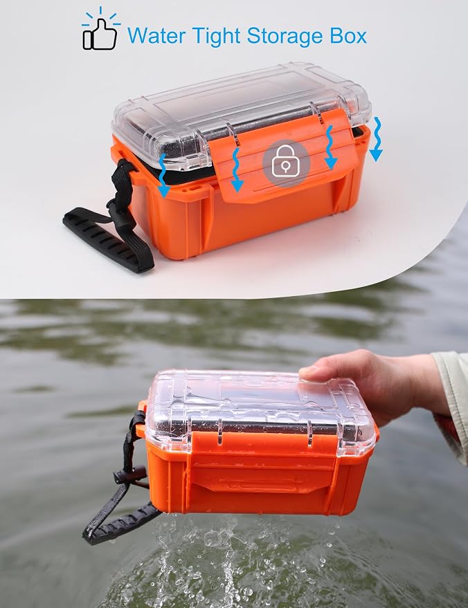 Hlotmeky Small Waterproof Box Dry Box - Floating Waterproof Containers with Padding & Clear Top, Protective Case Small Watertight Storage Box for Kayak Boat Orange Micro Case