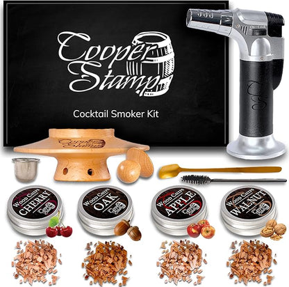 Cocktail Smoker Kit - Old-Fashioned Drink Smoker with Torch - 4 Kinds of Wood Chips for Men, Dad, Husband, Brother or Whiskey/Bourbon Lover - Butane not Included