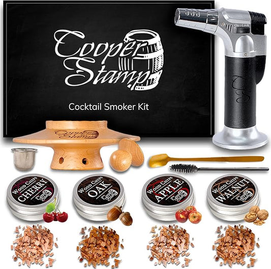Cocktail Smoker Kit - Old-Fashioned Drink Smoker with Torch - 4 Kinds of Wood Chips for Men, Dad, Husband, Brother or Whiskey/Bourbon Lover - Butane not Included