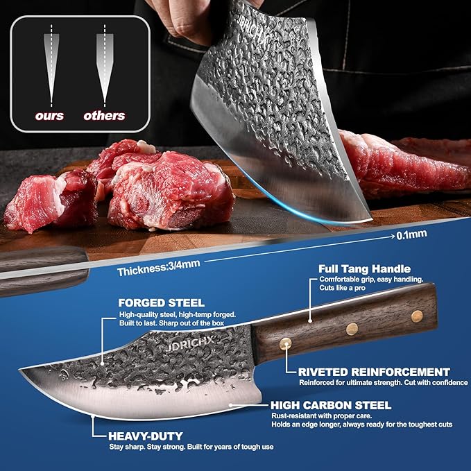 3PCS Butcher Knife Set, Hand Forged Meat Cleaver & Boning Knife Set with Full Tang Handle, High Carbon Steel BBQ Knife Set for Meat Cutting, Camping, Outdoor Cooking & Gifts for Men