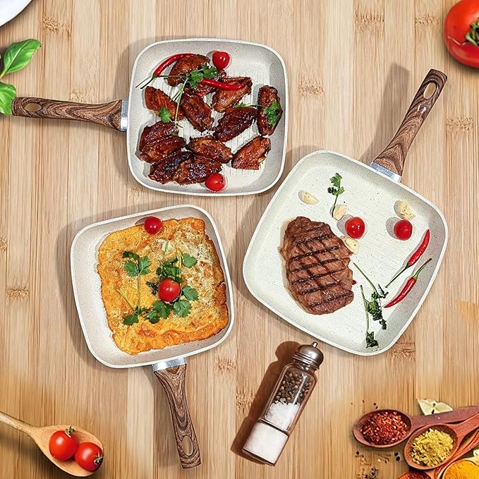 NEWBULIG 3-Piece Nonstick Grill Pan Set, Square Griddle Pans with Wooden Handles, Induction Cooktop Compatible, Nonstick Cookware for Steak, BBQ, Vegetables, Cream White, 9.5, 10.2, 11 Inch