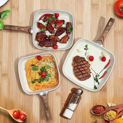 NEWBULIG 3-Piece Nonstick Grill Pan Set, Square Griddle Pans with Wooden Handles, Induction Cooktop Compatible, Nonstick Cookware for Steak, BBQ, Vegetables, Cream White, 9.5, 10.2, 11 Inch