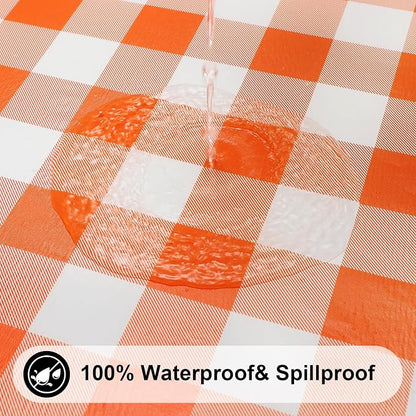 Smiry Rectangle Picnic Table Cloth, Elastic Waterproof Fitted Vinyl Tablecloths, Flannel Backed Buffalo Plaid Table Covers for Dining, Camping, Outdoor, Thanksgiving (White and Orange, 30" x 72")