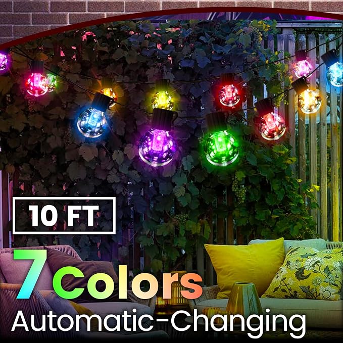 10FT Color Changing String Lights Outdoor- LED Patio Lights with 8 Shatterproof Waterproof RGB Bulbs, Colorful Outdoor Lights for Party Outside Porch Bistro Backyard Garden Decorative