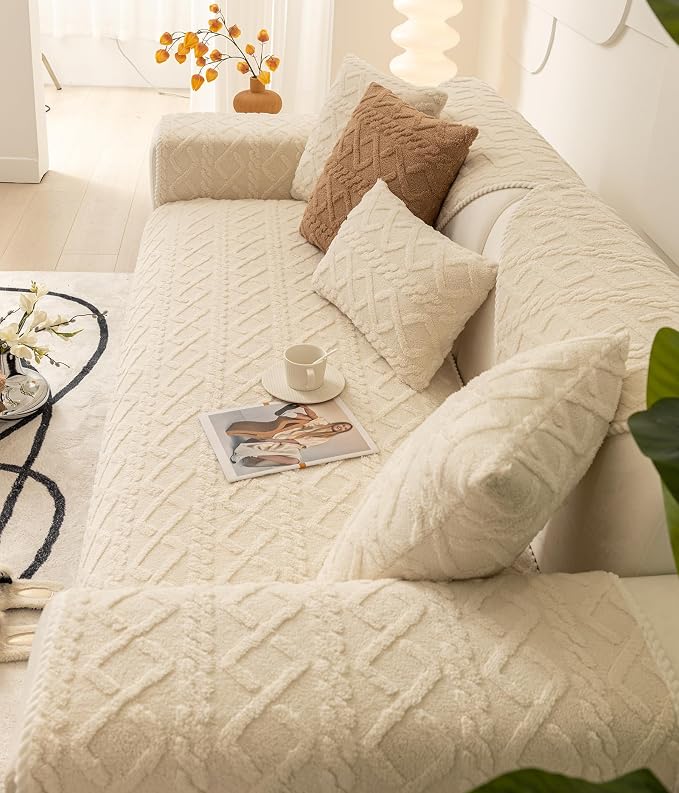 vctops Geometric Jacquard Plush Sofa Couch Covers Farmhouse Neutral Non Slip Sectional Couch Cover Soft Warm Sofa Slipcover for Dogs, Children, Pets Furniture Protector (Cream,36"x36")