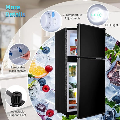 Dorm Fridge with Freezer, Small Refrigerator 3.45 Cu. Ft. with Freezer | 7-Level Temperature Adjustable Apartment Size Fridge with Removable Shelves for Kichen, College, Office, Apartment, Black