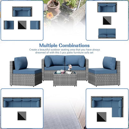 5 Piece Outdoor Patio Furniture Set,Silver PE Rattan Wicker Sectional Sofa, All Weather Conversation Set with Washable Cushions & Glass Coffee Table for Backyard Poolside Garden Porch,Navy Blue