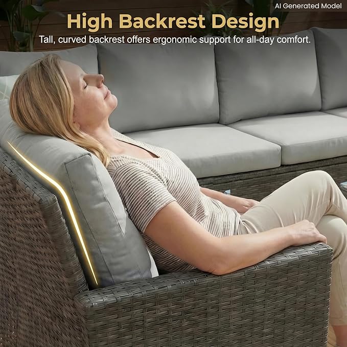 Wisteria Lane 7 Piece Patio Furniture Set, Wicker Patio Sectional with Wide Armrest, All Weather Outdoor Dining Set, Outdoor Furniture Patio Conversation Set with Ottoman, Ash Gray