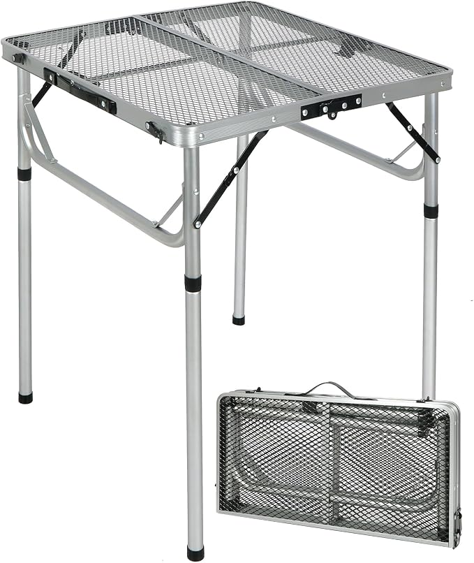 Portable Grill Table for Outside, Aluminum Folding Grill Stand Table for Outdoor Camping Picnic BBQ, Lightweight Adjustable Height, 24"x24"x9.8"/27" Sliver
