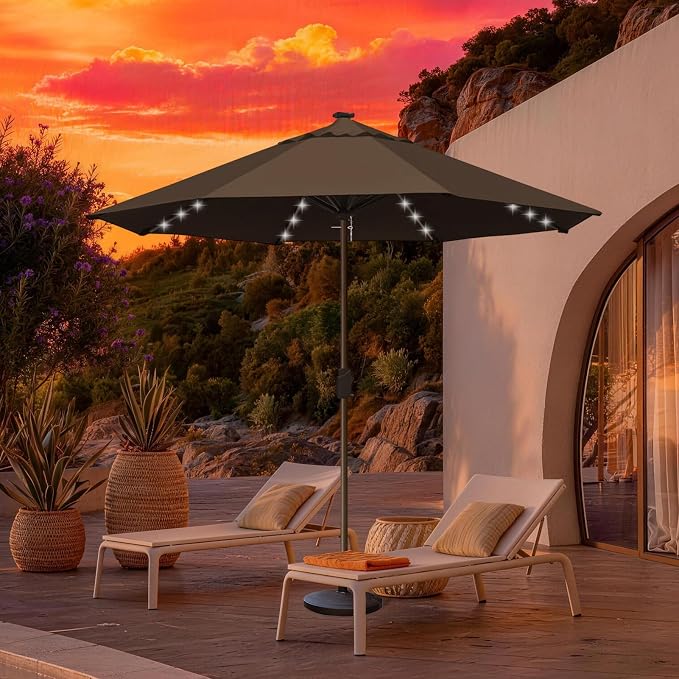 EliteShade USA 10-Year-Non-Fading 10ft Market Patio Umbrella, Commercial Grade Table Sun Umbrella with 80 Solar LED Lights, Crank Open, Windproof & UPF 50+ UV Protection for Garden, Deck, Pool, Backyard, No Tilt, Chestnut