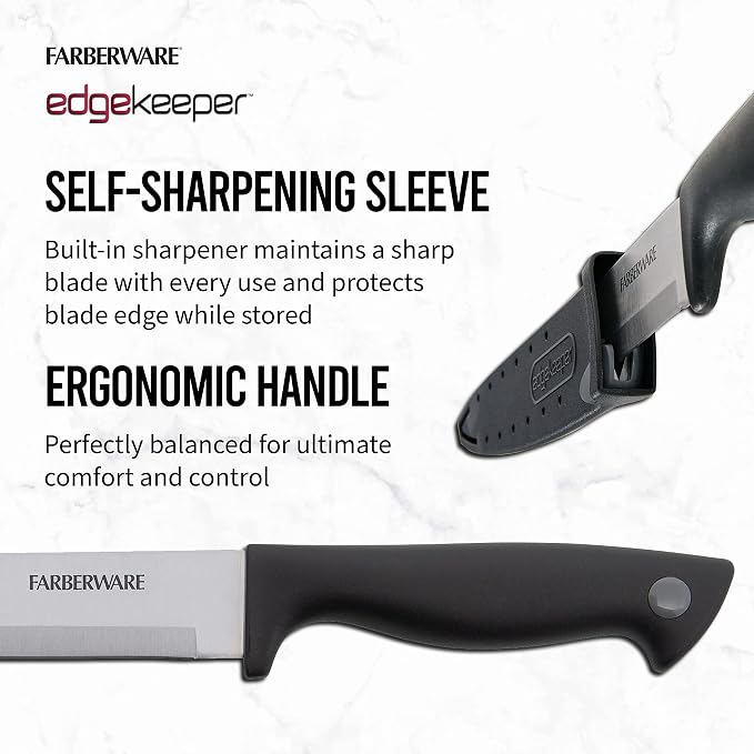 Farberware 8 Inch Slicing Knife with EdgeKeeper Self-Sharpening Sheath, High-Carbon Stainless Steel Blade, Ergonomic Handle for Effortless Meat and Food Prep