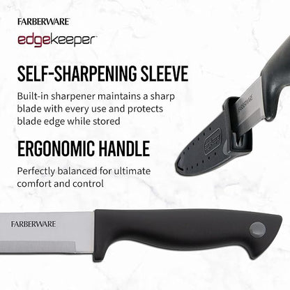 Farberware 8 Inch Slicing Knife with EdgeKeeper Self-Sharpening Sheath, High-Carbon Stainless Steel Blade, Ergonomic Handle for Effortless Meat and Food Prep