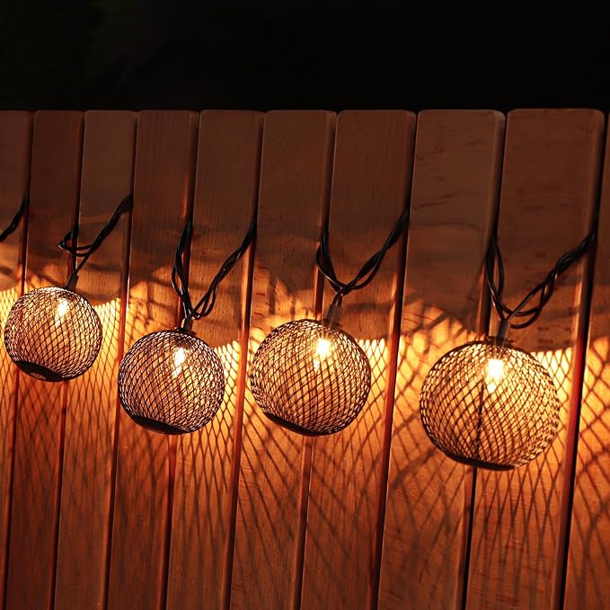 Decorative Lantern String Lights Plug in with 10 Black Metal Ball, Connectable Waterproof Outdoor Decorative String Lights Indoor for Bedroom Patio Pergola Decor
