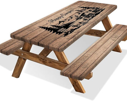 Picnic Table Cover with Bench Covers and Bag, Elastic Edges Waterproof Windproof Vintage Wood Camper Outdoor Tablecloth, RV Camping Essentials, Fitted 6FT Rectangle Tables and Seats, 3 Pcs, 30x60 Inch