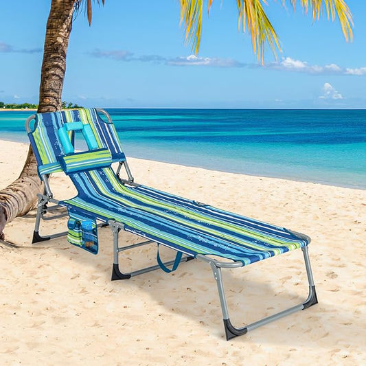 Goplus Tanning Chair, Folding Adjustable Patio Lounge Chair with Face Hole, Removable Pillow, 330LBS, Carry Strap, Outdoor Sunbathing Chair, Lightweight Portable Beach Lounge Chair, No Assembly