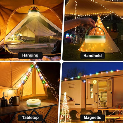Camping String Lights, 4 in 1 Quick Storage 33FT Rechargeable Tent Lights with 14 Lighting Modes, Hanging Waterproof Portable Retractable LED Lamp for Outdoor, Patio, RV, Awning, Garden, Party