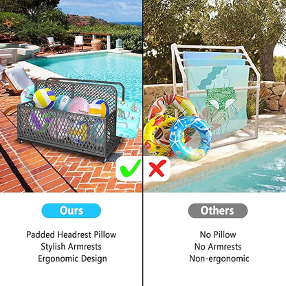 IDEALHOUSE Poolside Float Storage, Outdoor Storage, Patio Basket, Storage Box, PE Rattan Outdoor Pool Caddy with Rolling Wheels for Floaties, Patio, Pool, Beach-Sturdy & Movable, Diamond Gray