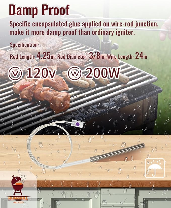120V AC Hot Rod | Igniter Replacement for Camp Chef, Pit Boss (Not for PTG/Lockhart/Rapid Igniter), Traeger AC Models (Excludes D2 DC Series), Z Grills, Nexgrill, Oklahoma Joe's Pellet Grill & Smoker