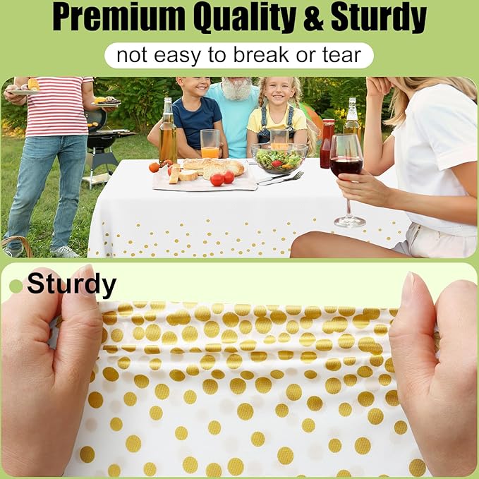 Smiry Disposable Table Cloth - 6 Pack, 54 x 156 Inch Waterproof Rectangle Tablecloths for New Years, Decorative Plastic Table Cover, Leakproof & Sturdy, White & Gold
