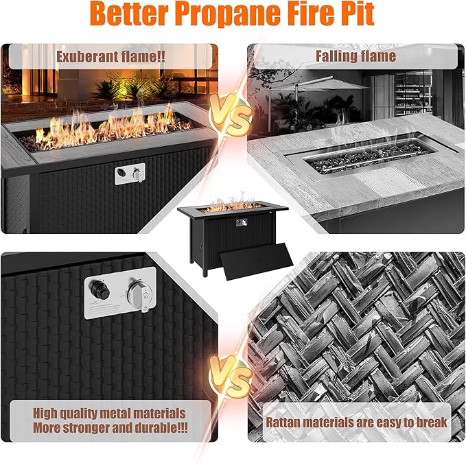 45 inch Propane Fire Pit Table, 50,000 BTU Outdoor Gas Fire Pit Table with Lid, Waterproof Cover, Rectangle Gas Firepit Table for Garden/Patio