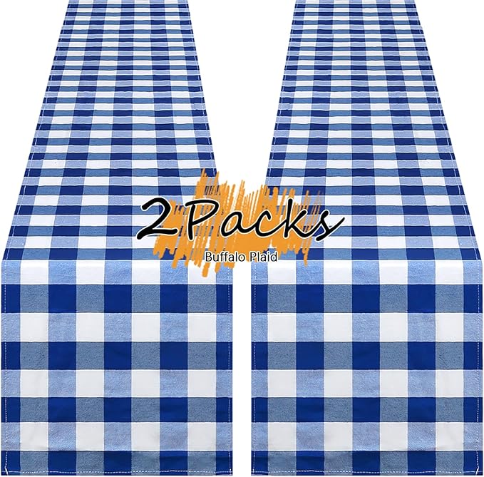 Blue Plaid Table Runner Independence Day Checkered Fabric Cover 13x108 Inch 2 Packs Table Cloths Centerpieces Patriotic Party Picnic Decorative Gingham Rectangle Blue White Checkered Linen Decorations