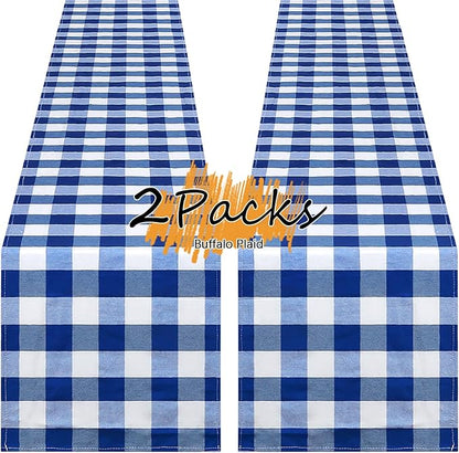 Blue Plaid Table Runner Independence Day Checkered Fabric Cover 13x108 Inch 2 Packs Table Cloths Centerpieces Patriotic Party Picnic Decorative Gingham Rectangle Blue White Checkered Linen Decorations