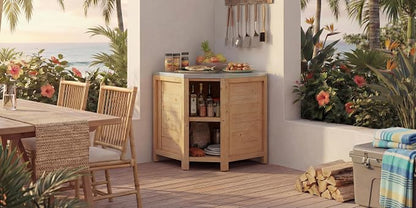 MOUMON Corner Patio Kitchen Storage Cabinet with Stainless Steel Countertop, Solid Cedar Patio Prep Table for Grilling, Outdoor Cooking Station, Oak 35.4”W x 35.4”D x 37.4”H