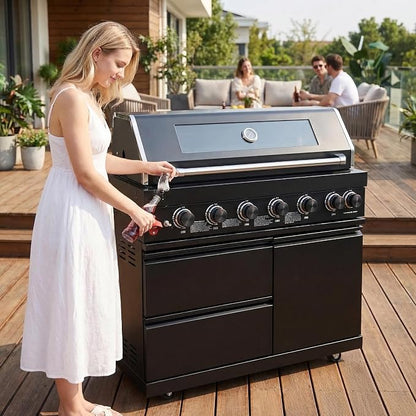 43 Inch Outdoor Kitchen Island, 6-Burner Propane Stainless Steel BBQ with Rear Burners, For Backyard BBQ, Black