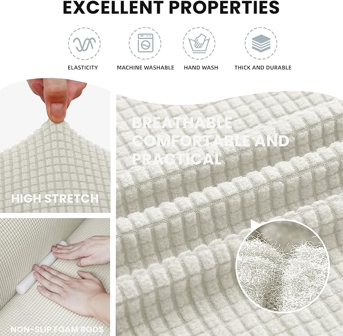 LURKA Stretch Couch Cover for Sofa, 1 Piece 3 Cushion Slipcover, Ivory | Soft Stretch Jacquard, Fits 78"-94" Sofas, Elastic Bottom for Secure Fit, Machine Washable, Pet & Kid Friendly