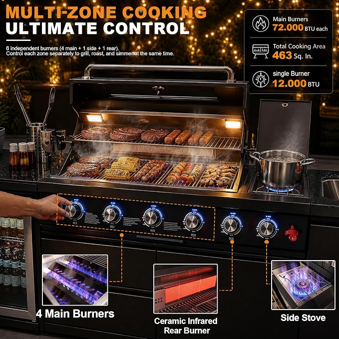 104"4-Burner Modular Outdoor Kitchen Island, 72000 BTU Propane Gas Grill | 4 Burners & Side Stove, Rear Infrared, Marble Countertop, Fridge, 360° Pull-Out Faucet, Sink, Warming Rack, Storage Cabinet