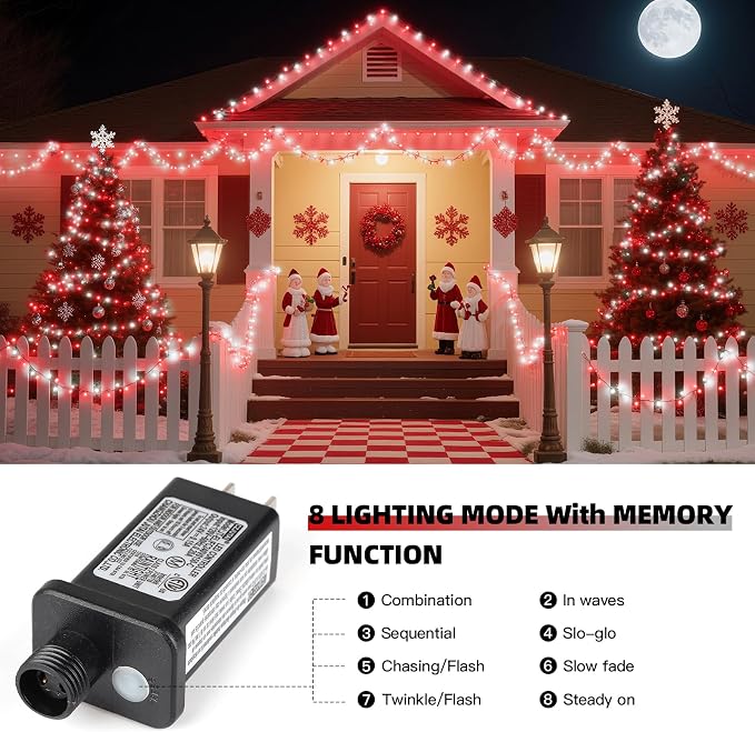 Christmas String Lights, 105ft 300 LED Christmas Tree Lights | 8 Modes Memory Function & Timer- UL Certified Outdoor Indoor Christmas Fairy Lights for Tree, Garden, Party(Red + White)