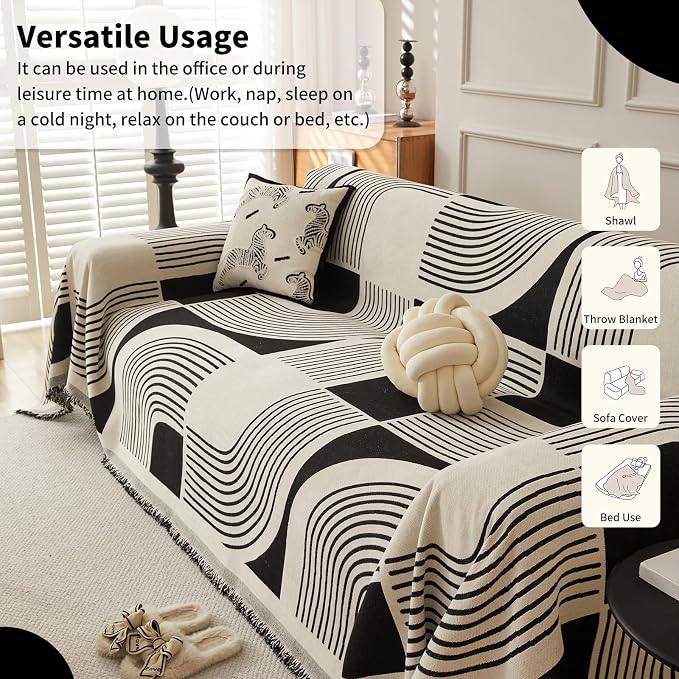 WEYOND Boho Couch Cover, Chenille Sofa Covers Washable, 71" x 134", Black | Couch Covers for 3 Cushion Couch Sofa Pet Friendly, Bohemian Sofa Slipcovers for Sectional Sofa, Loveseat, 2 3 4 Seater