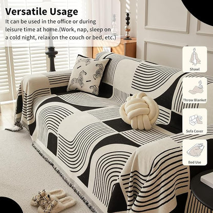 WEYOND Boho Couch Cover, Chenille Sofa Covers Washable, 71" x 134", Black | Couch Covers for 3 Cushion Couch Sofa Pet Friendly, Bohemian Sofa Slipcovers for Sectional Sofa, Loveseat, 2 3 4 Seater