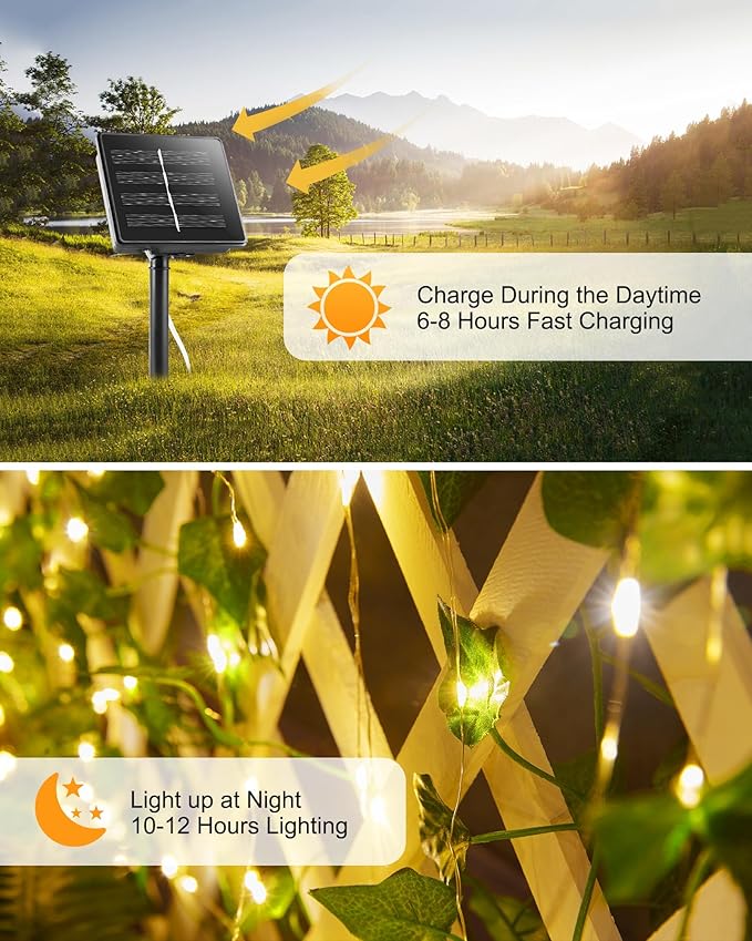 Solar String Lights, 2 Packs Total 66Ft 200 LED Fairy Lights with Ivy | Twinkle Solar Powered Outdoor Lights Plant Vine for Camping Outside Garden Yard Fence Wall Wedding Christmas Warm White