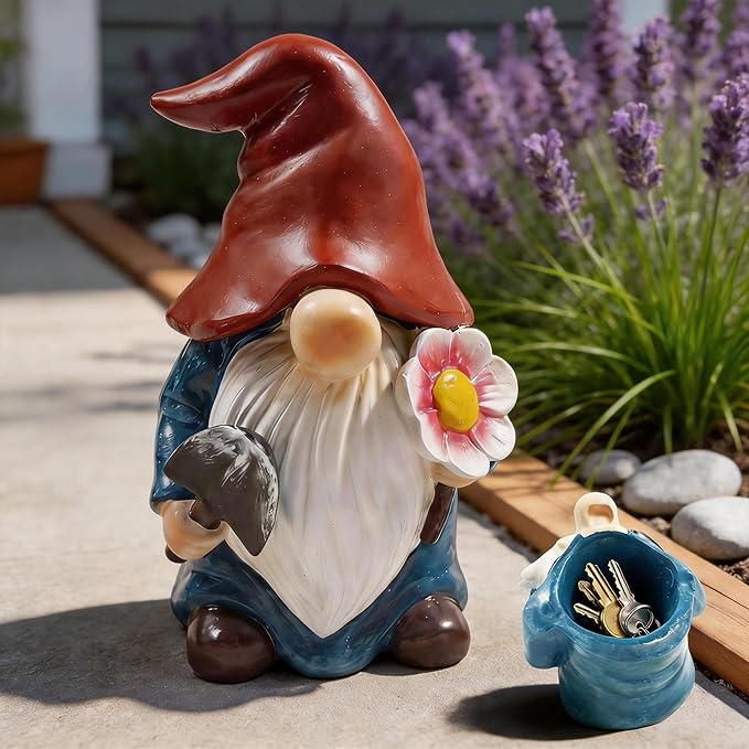 Hide a Key Outside Garden Gnomes Key Hider, 8 Inch Funny Dwarf Statue with Hidden Safe Secret Compartment, Waterproof Lock Box for Spare Keys, Outdoor Yard Patio Lawn Decor
