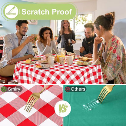 Smiry Oval Table Cloth, Vinyl Tablecloths with Flannel Backing, 60"x84" | Waterproof Picnic Table Cloth, Wipeable Buffalo Plaid Table Cover for Indoor and Outdoor (Red & White)