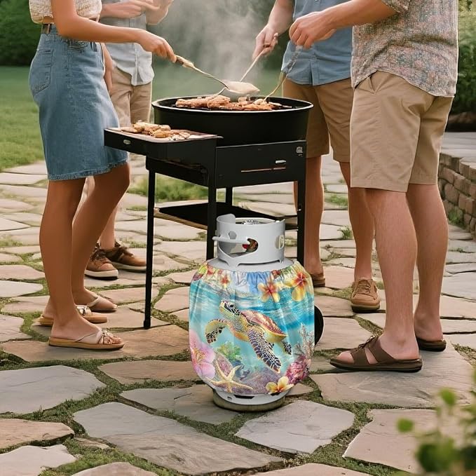 Propane Tank Covers 20lb Sea Turtle Flower Outdoor Heavy Duty Waterproof Windproof Gas Tank Cylinder Cover with Elastic Brand, Dress up Your Gas Grill,