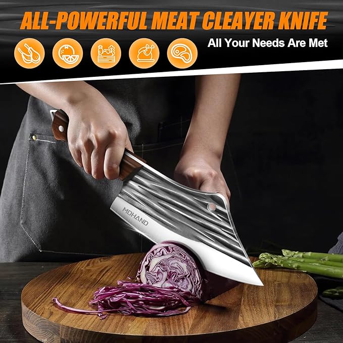 MDHAND Butcher Knife Set, 14PCS Hand Forged Serbian Chef Knife Set with Roll Bag, Heavy Duty Meat Cleaver Knives, Boning Knife, Meat Cutting Knife for Home Kitchen & Camping BBQ, Gifts for Men Women