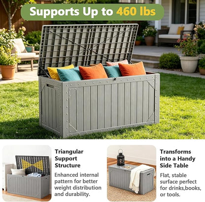 Outdoor Storage Box, 95 Gallon Deck Box Outdoor Storage Bench, Outside Waterproof Resin Storage Bench, Lockable Patio Cushions, Garden Tools Storage for Furniture, UV Resistant (Gray)
