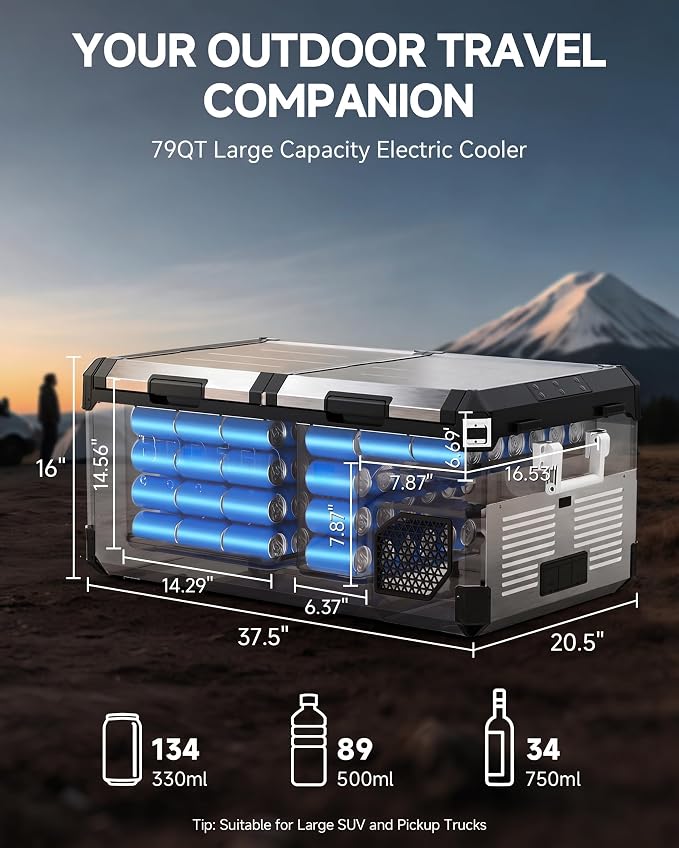 BODEGA Stainless Steel 12 Volt Car Refrigerator, 79 Quart Portable Freezer Car Fridge Dual Zone With APP Control, -4℉-68℉ Electric Cooler, 12/24V DC and 100-240V AC, for Vehicles,Camping, RV, Outdoor