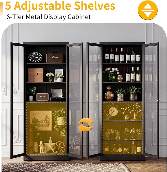 Kitchen Pantry Cabinet, 72" Tall Pantry Storage Cabinet with Adjustable Shelves and Glass Doors, Metal Storage Cabinets with Handle for Living Room, Kitchen, Assemble Required (Black)