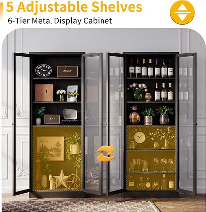 Kitchen Pantry Cabinet, 72" Tall Pantry Storage Cabinet with Adjustable Shelves and Glass Doors, Metal Storage Cabinets with Handle for Living Room, Kitchen, Assemble Required (Black)