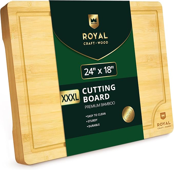 ROYAL CRAFT WOOD Bamboo Cutting Boards for Kitchen -Kitchen Chopping Board for Meat (Butcher Block) Cheese and Vegetables | Wooden Cutting Board Heavy Duty Serving Tray with Handles (XXXL, 24" x 18")