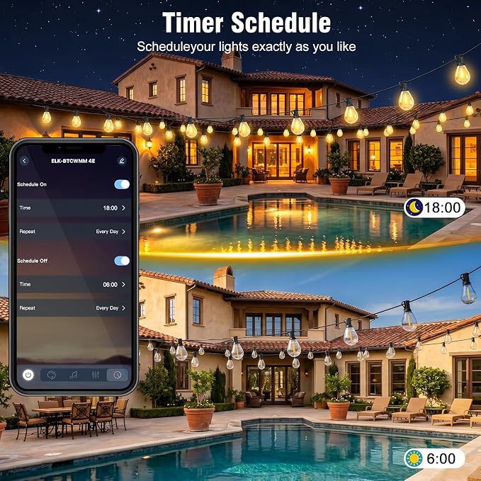 Outdoor String Lights 25FT, APP Control Dimmable S08 Edison LED Bulbs, Timer, Bluetooth, IP65 Waterproof, Hanging Patio Lights for Yard Garden Backyard Deck Porch Balcony Camping Party