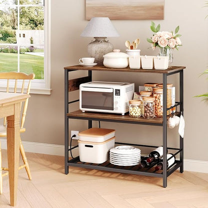 HOOBRO Kitchen Island with Storage, Kitchen Island Table with Power Outlet, 47.2" L 3 Tier Kitchen Counter and Microwave Stand, for Home, Kitchen and Dining Room, Rustic Brown and Black BF120UZD01